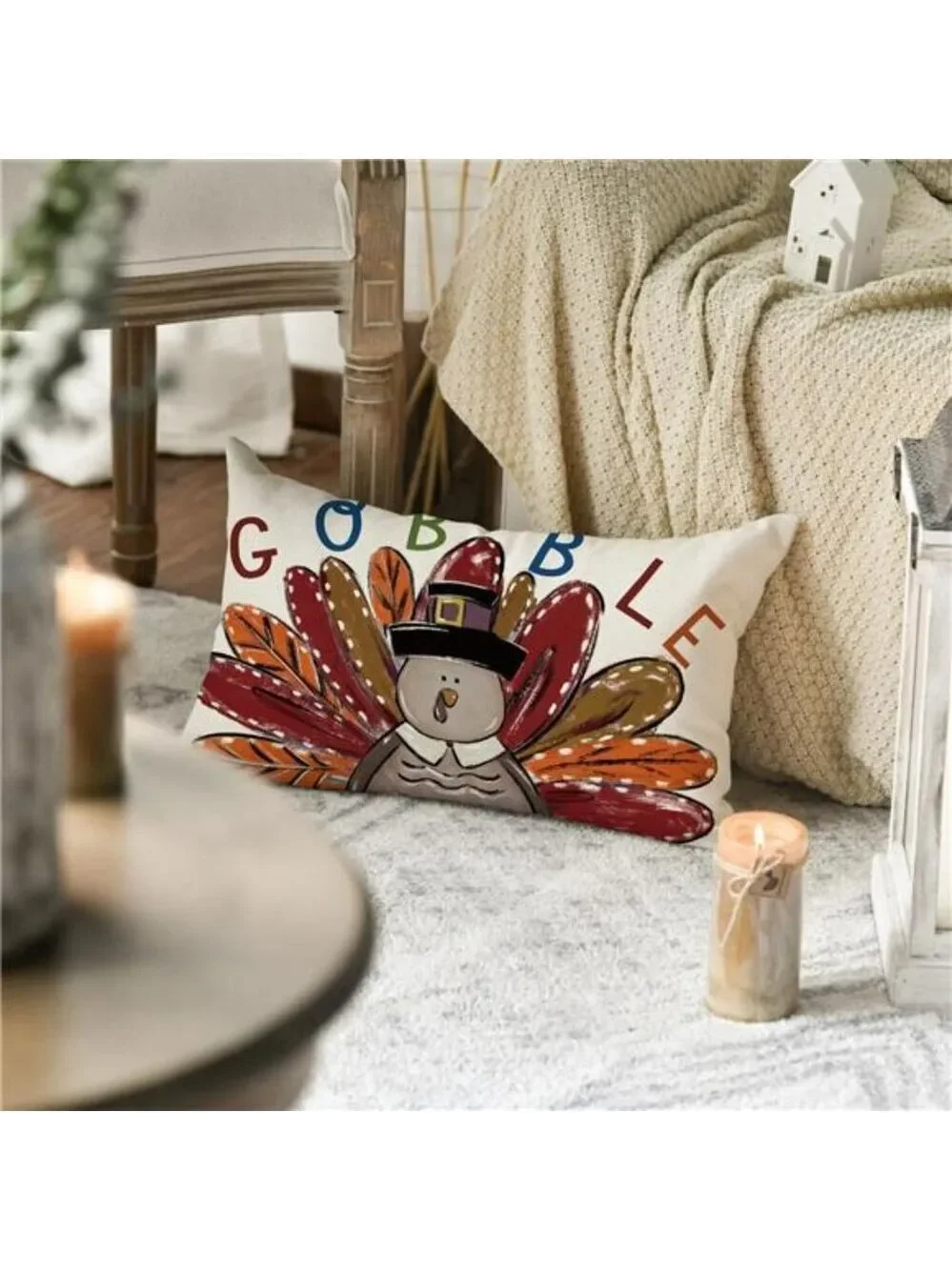 Thanksgiving Turkey Pillow Cover 12x20 Gobble Fall Cushion Case for Sofa Couch C